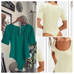 NWOT Free People High Noon Green Bodysuit Scoop Neck S Short Sleeves Cotton Chic